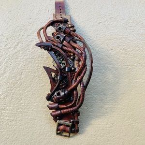 Brown steampunk cuff leather bracelet, Unisex wavy wrap stud bracelet,